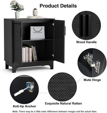 Black Rattan Cabinet, Natural Rattan Storage Cabinet with 2 Doors Adjustable Shelf Large Space Entryway Hallway Sideboard Buffet for Living Room Kitchen