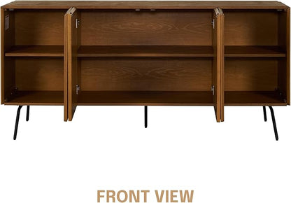 NTC MOSSIC Modern Sideboard with 4 Doors, Natural Rattan Storage Cabinet, Buffet with Metal Legs, Boho Accent Cabinet for Living Room, and Entryway, Effortless Assembly - Rustic Oak