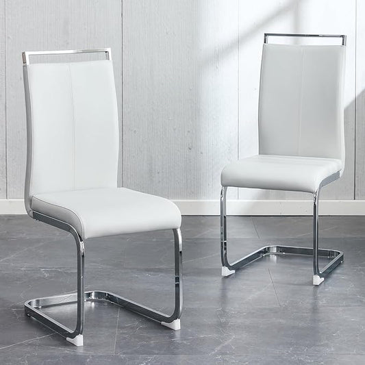 Dining Chairs Set, Kitchen Modern Metal Chairs with Faux Leather Padded Seat High Back and Sturdy Chrome Legs, Chairs for Dining Room (Light Gray, Set of 2)