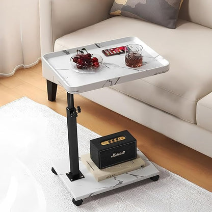 C Table End Table Adjustable Height, 360°Swivel TV Tray Table for Small Spaces, Couch Tables That Slide Under, C Shaped Side Tables with Wheels for Living Room and Bedroom, Bed