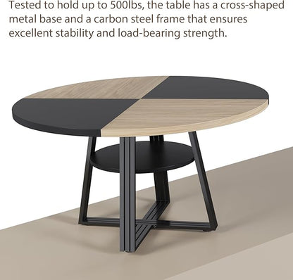 GarveeHome Round Dining Table for 4-6, 47.2" Farmhouse Kitchen Table with Storage, Circle Dinner Tables for Kitchen, Dining Room, Living Room, Meeting Room, Apartment, Natural and Black