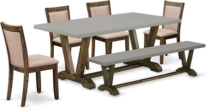 East West Furniture V797MZ716-6 6 Piece Kitchen Table Set Contains a Rectangle Dining Table with V-Legs and 4 Dark Khaki Linen Fabric Parson Chairs with a Bench, 40x72 Inch, Multi-Color