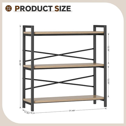 Book Shelf, 3 Tier Bookshelf 31.49" Width, Book Shelf Storage and Organization, Wooden and Metal Industrial Bookcase, Large Book Shelves for Home Living Room Bedroom Office Storage(Light Coffee)