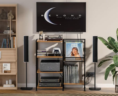 Record Player Stand Table with Vinyl Record Storage Holder-Up to 200+ Albums, Small Media Cabinet Console Table Stereo Stand Tower, Audio Video Shelving/Turntable Stand Shelf for Entertainment Center