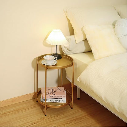 2-Tier Round End Side Table, Small Metal Side Table with Removable Tray, Folding Accent Tables for Living Room, Balcony, Nightstand for Bedroom, Outdoor Tables for Patio, Gold
