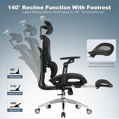 Ergonomic Mesh Office & Gaming Chair with Footrest, High Back Home Office Desk Chair, Comfortable 3D Lumbar Support, 130° Tilt, Adjustable Seat Depth, Adjustable 6D Armrest & 3D Headrest