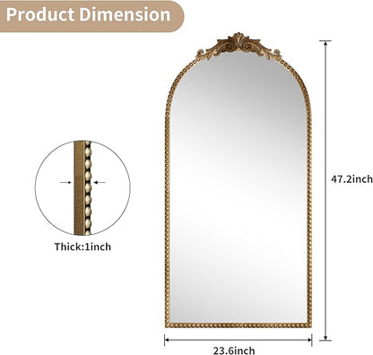 Antique Gold Vintage Wall Mirror 24"x48" - Elegant Baroque Metal Beaded Frame for Living Room, Bedroom, Bathroom, Fireplace, or Entryway, Full Length Decorative Mirror