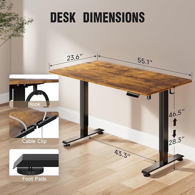 Veken 55 Inch, Height Adjustable Sit Stand Up, Wood Desktop, Work Home Office Computer PC Table, Tall Standup Workstation, Gaming Writing Study Bedroom Rising Desks, Brown