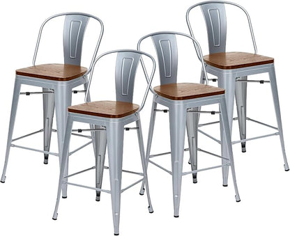 Changjie Furniture 26 Inches Metal Barstools Set of 4 Counter Height Bar Stools Industrial Stools with Backs High Back Chairs for Kitchen Island (26 Inch,Silver)
