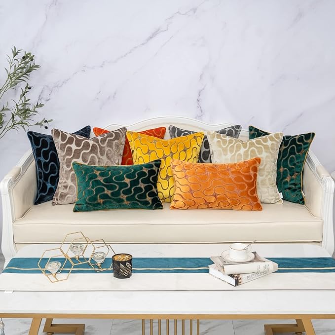 Yangest Beige Square Throw Pillow Cover Wavy Velvet Cushion Cover Modern Zippered Pillowcase for Sofa Couch Bedroom Living Room Chair, 20 x 20 Inch