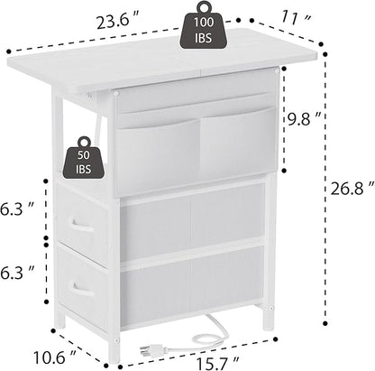 Small Side Table with Charging Station, Narrow Nightstand Bedside Tables with Storage Pocket for Living Room Bedroom, Sofa End Table with USB Ports and Power Outlets for Small Spaces