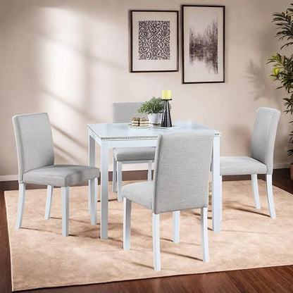 Dining Table Set for 4, 5-Piece Dining Room Table Set with Square Crystal Decoration Table & 4 Upholstered Backrest Chairs, Counter Height Kitchen Sets with Faux Wood Grain Design, White