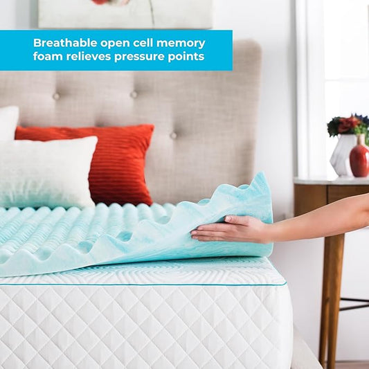 Linenspa 2 Inch Convoluted Gel Swirl Memory Foam Mattress Topper - Promotes Airflow - Relieves Pressure Points - King
