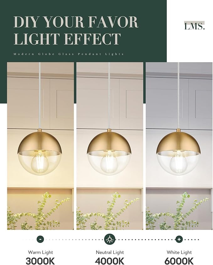 LMS 6-inch Modern Pendant Light, Brushed Gold Industrial Kitchen Island Pendant Light with Clear Globe Glass, Adjustable Hanging Pendant Light Fixtures for Dining Room Living Room, LMS-186BGCS