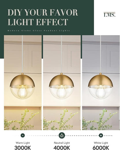 LMS 6-inch Modern Pendant Light, Brushed Gold Industrial Kitchen Island Pendant Light with Clear Globe Glass, Adjustable Hanging Pendant Light Fixtures for Dining Room Living Room, LMS-186BGCS