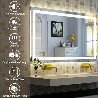 48'' x 32'' LED Bathroom Mirror with Lights, Wall Mirror with Front and Backlight, 3 Colors Vanity Mirror with Lights, Anti-Fog Wall Mirror for Bathroom