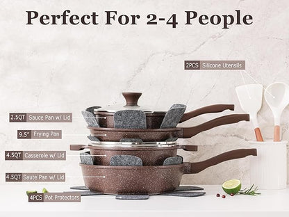 SENSARTE Nonstick Cookware Set 13-Piece, Healthy Pots and Pans Set Kitchen Cooking Set with Stay-Cool Handles, Silicone Utensils and Pot Protectors, PFOA Free