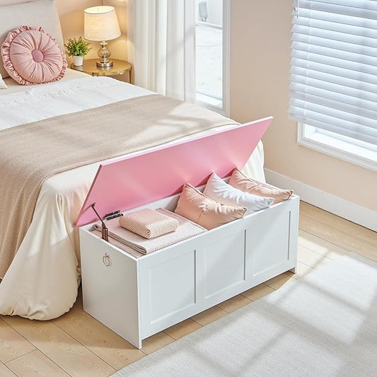 HOOBRO Storage Bench, 39.3" Retro Wooden Storage Chest, Wooden Storage Trunk, Toy Chest with Lift Top, Multifunctional Entryway Organizer, for Entryway, Living Room, White and Pink WK141CW01