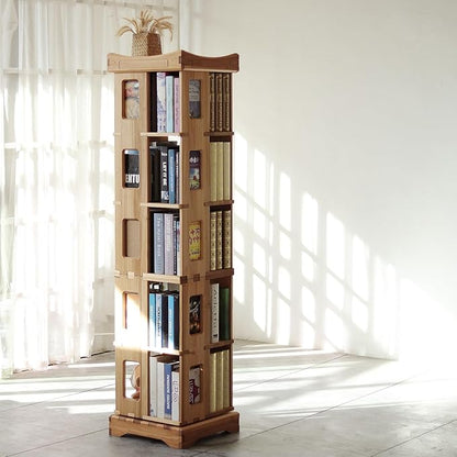 Wooden Rotating Bookshelf, Larger Solid Wood Revolving Bookcase,360°Spinning Book Shelf Tower,Floor Standing Storage Rack,Corner Organizer for Small Space,Study,Office,17"x17"x69.75"(5-Tier)