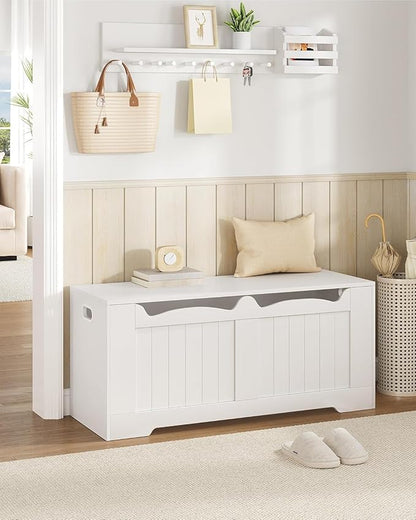 43.3" Storage Chest, Extra Large Storage Trunk with 2 Safety Hinges, Lift-Top Bench Box, Wooden Chest Organizer, Shoe Bench for Entryway, Bedroom, Living Room, White SB25503X