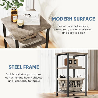 DUMOS End Table Small Side Sofa Tables 3 Tier Tall Nightstand Storage Shelf with Adjustable Feet for Living Room Bedroom Office, Grey