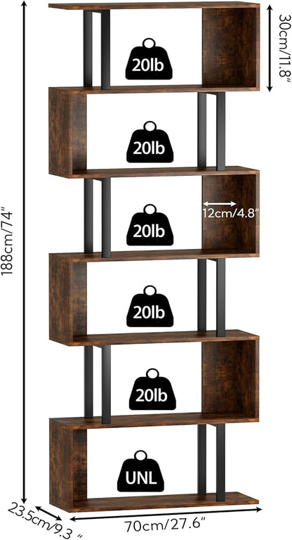 Yusong Geometric Bookcase, S Shaped Bookshelf 6-Tier Book Shelves for Bedroom, Modern Wood Decorative Display Shelf Tall Book Case for Home Office, Bown and Black