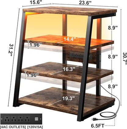 Armocity 4-Tier AV Media Stand with Power Strips, Stereo Stand with LED Lights, Audio Tower Rack with Adjustable Shelves, Small Entertainment Center, 30'', Rustic Brown