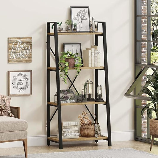BON AUGURE Farmhouse Ladder Shelf Bookcase, 4 Tier Rustic Ladder Bookshelf, Standing Leaning Book Shelves for Living Room (Vintage Oak)