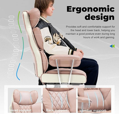 COMHOMA Big and Tall Office Chair, High Back Leather Gaming Chair with Footrest, Executive Ergonomic Office Chairs with Pocket Spring Lumbar Support and with Outward Fixed Soft Armrests