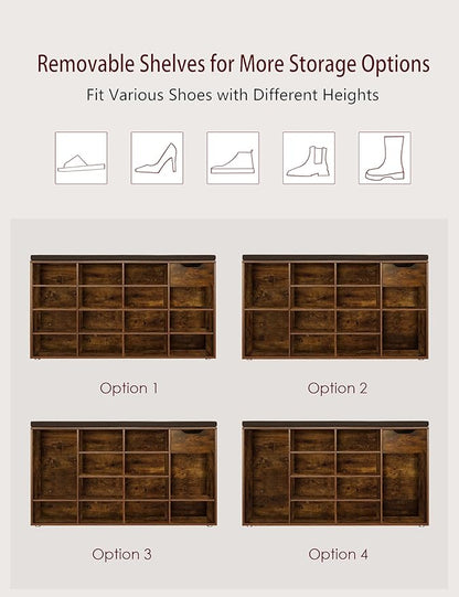 DINZI LVJ Shoe Bench, Entryway Storage Bench with Drawer and 15 Cubbies, Cubby Shoe Rack with Adjustable Shelves, Shoe Organizer Cabinet for Living Room, Bedroom, Mudroom and Garage, Rustic Brown