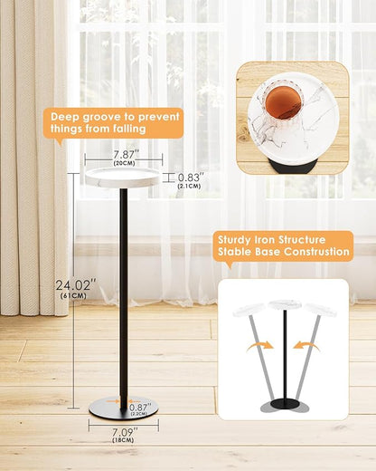 Drink Table, Small Pedestal Side Table, Round Cocktail Table, Circle Accent End Table with Metal Base, for Small Spaces (2, White Marble)