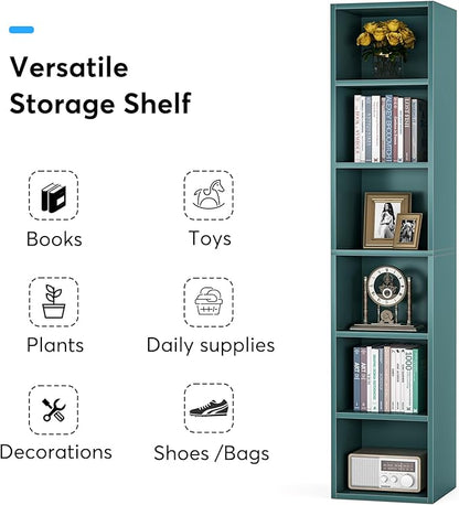 LITTLE TREE 70.9 Inch Tall Narrow Bookcase, Corner Bookshelf 6 Tier Cube Display Shelf Storage Organizer for Small Space, Blue