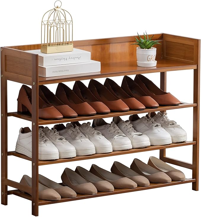4 Tier Shoe Rack Organizer, 4 Tire Bamboo Stackable Shoe Shelf Storage Organizer, for Entryway, Hallway, and Closet (Brown)