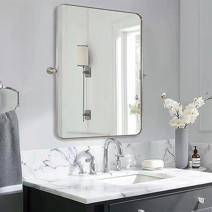 MOON MIRROR Brushed Nickel Pivot Mirror for Bathroom, Tilt Rounded Rectangle for Vanity, Overall 32.33 x 36 in (Mirror 28x 36 in)