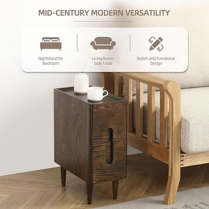 Solid Wood Bedside Table Nightstands, Slim Narrow Oak Real Wooden Mid-Century Modern End Table with Drawers Luxury Side Table Durable Cabinet Organizer Furniture, Walnut Color 7.87in Wide