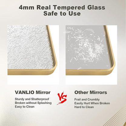 24x36 Inch Gold Framed Bathroom Mirror, Brushed Gold Metal Vanity Mirror, Gold Rectangle Mirror for Wall, Rounded Corner, Tempered Glass, Anti-Rust, Shatterproof (Horizontal/Vertical)
