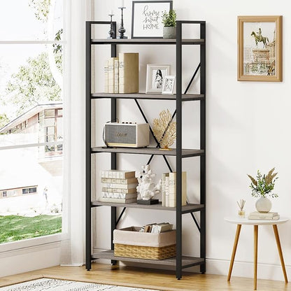 BON AUGURE Industrial Bookshelf, Etagere Bookcases and Book Shelves 5 Tier, Rustic Wood and Metal Shelving Unit (Dark Gray Oak)