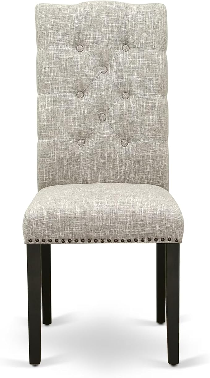 East West Furniture V697EL635-9 9 Piece Dining Set Includes a Rectangle Dining Room Table with V-Legs and 8 Doeskin Linen Fabric Upholstered Parson Chairs, 40x72 Inch, Multi-Color
