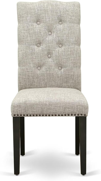 East West Furniture V697EL635-9 9 Piece Dining Set Includes a Rectangle Dining Room Table with V-Legs and 8 Doeskin Linen Fabric Upholstered Parson Chairs, 40x72 Inch, Multi-Color