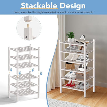 Haddockway small 3 Tier Bamboo Shoe Rack Storage Organizer, Multifunctional Free Standing Stackable Shoe Shelf with Grid Panel for Closet,Hallway,Entryway,Small Space 18"x11"x17"(White, 3-Tier(Small))