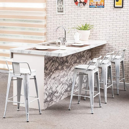 Yongchuang Industrial Metal Barstools Set of 4 Counter Height Bar Stools with Back (24" Seat Height Wooden Top Low Back, Distressed White)