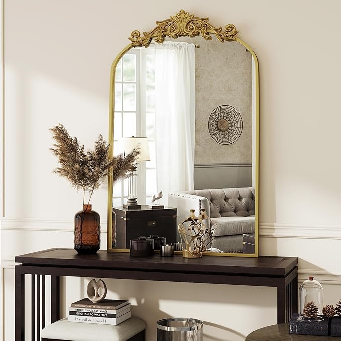 Vintage Arched Bathroom Mirror, 24x36 Inch Retro Wall Mounted Vanity Mirror with Carved Pattern Top and Metal Frame, Gold Decorative Mirror for Hanging or Leaning
