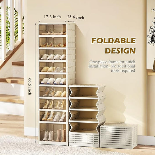 ELPHECO 9 Tier 18 Pairs Shoe Rack Organizer Foldable Sneaker Cabinet Bins, Stackable Shoe Storage Shelf, Collapsible Shoe Cabinet with Double Doors for Entryway