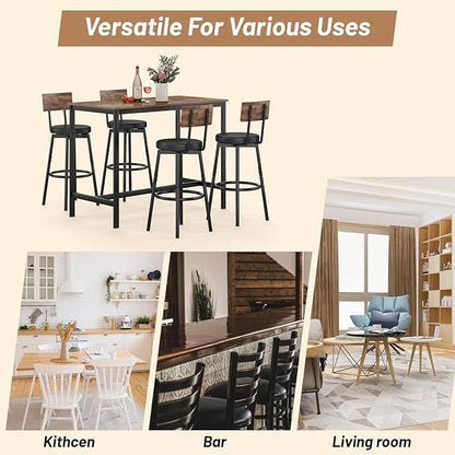 Dining Table Set for 4, 5-Piece Bar Table Set, Kitchen Table and Chairs, Counter Height High Top Table with 4 PU Upholstered Stools, Space-Saving Pub Table Sets for Small Space, Brown