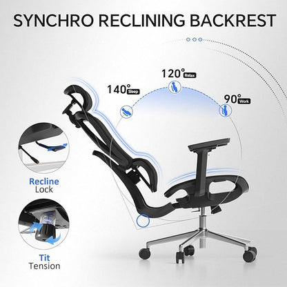 Ergonomic Office Chair with 3D Lumbar Support/Headrest/Armrest/, Mesh Executive Office Chair with Seat Depth & Height Adjustment, Big and Tall Desk Chair with 3-Gear Lock Recline for Long Hours
