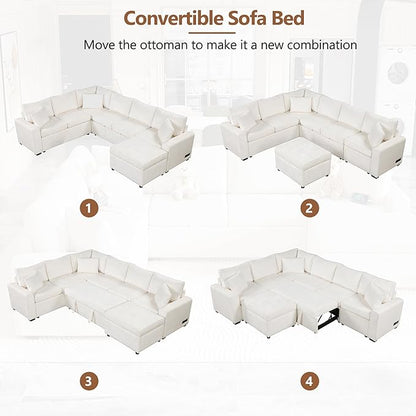 112" Luxurious Pull-out Sofa Bed Sleeper with Storage Ottoman,Sectional Sleeper Couch W/ 3 Pillows,2 USB ports & 2 Power Sockets,Corner Furniture Set for Living Room Large Space,Cream Chenille