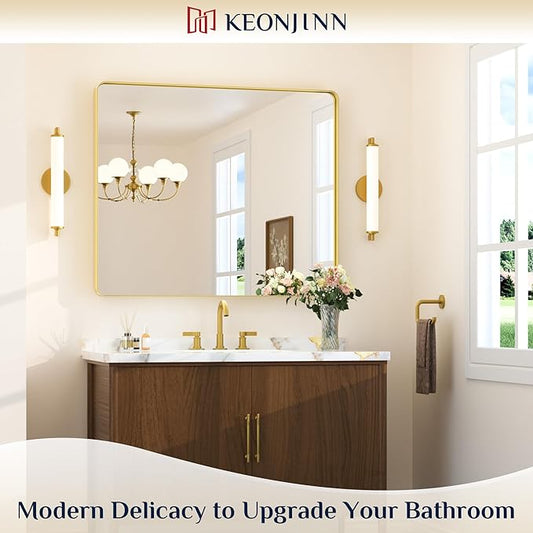 Keonjinn Gold Bathroom Mirrors for Over Sink 42” x 36” Large Brushed Brass Metal Framed Mirror, Rounded Rectangle Bathroom Vanity Mirror, HD Tempered Glass Modern Mirror for Wall(Horizontal/Vertical)