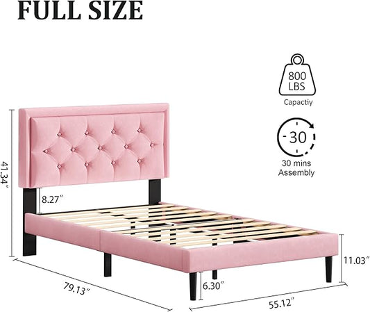 Full Size Platform Bed Frame with Upholstered Velvet Button Tufted Headboard, Mattress Foundation with Wooden Slat Support, No Box Spring Needed, Easy Assembly, Noise Free, Pink