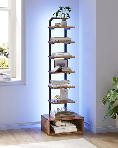 8-Tier Bookshelf, LED Bookcase with Semi-Open Bottom, Small Space Standing Shelf with Lights, Corner Storage Stand, for Living Room, Home Office, Bedroom, Rustic Brown TSJ08DBF