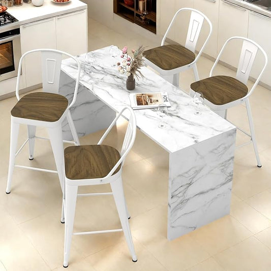 Metal Bar Stools Set of 4, High Back Bar Stools with Wooden Seat, 26 inch White Barstools for Kitchen Island